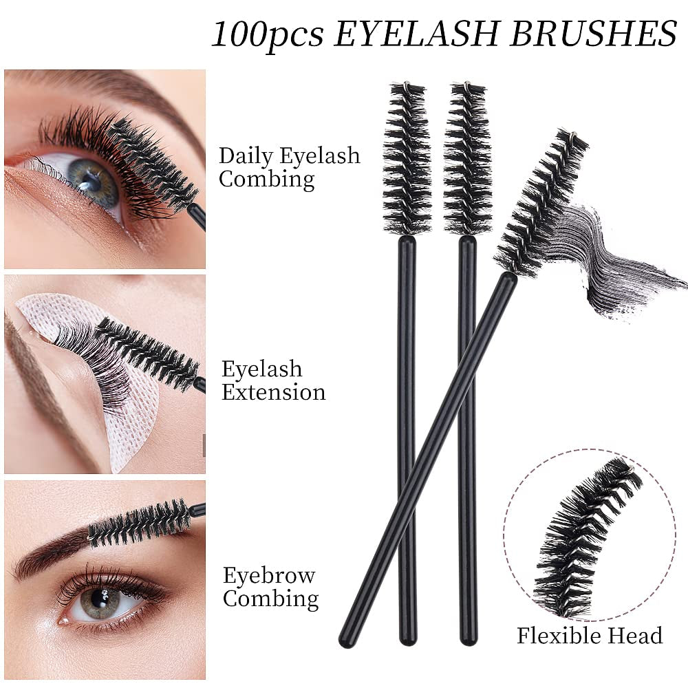 100 Pack Mascara Wand Eyelash Brush Disposable Eye Lash Applicator Makeup Tool Kit (Black-Handle100Pcs)