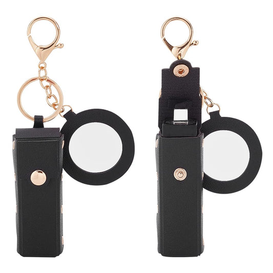 2Pcs PU Leather Lipstick Sleeves with round Mirror, Portable Lipstick Keychain Holder Snap-On Lip Balm Organizer Case Mini Travel Lipstick Cosmetics Holder for Women Ladies, Black